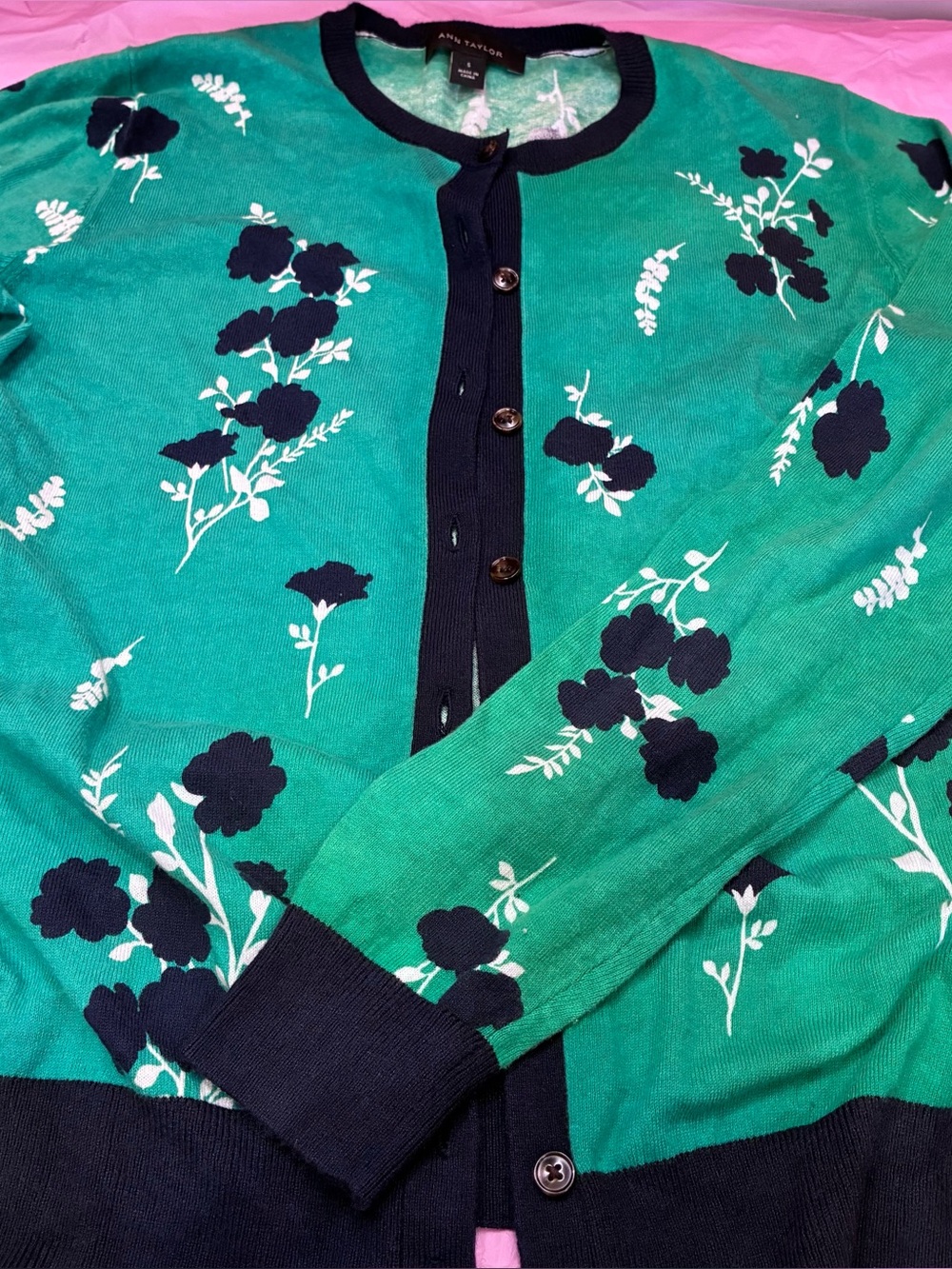 Ann Taylor Women’s Green Blue Floral Knit Cardigan Button Front Cozy Autumn Sz S